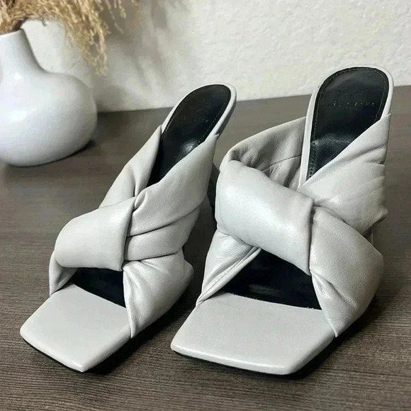 MARC FISHER Gray Knot Comfort Dellian Square Toe Slip On Leather Heeled Sandal - Picture 7 of 12